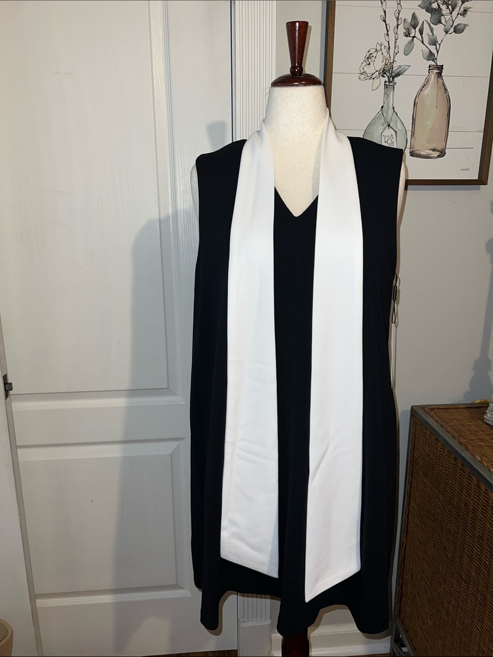 Calvin Klein Black Sleeveless V-Neck Dress with White Scarf Detail NWT